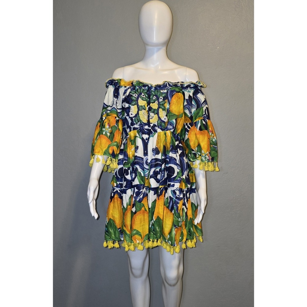 NWT Antica Sartoria By Giacomo Cinque Dress Lemons Beaded Tassels Italy Beach OS